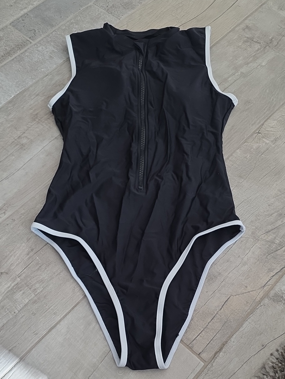 NWOT Black One-Piece Swimsuit with White Trim and Front Zip